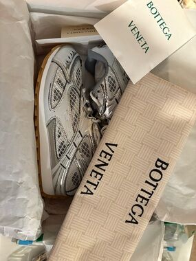 Bottega Veneta Silver and White Mesh Runner Sneakers